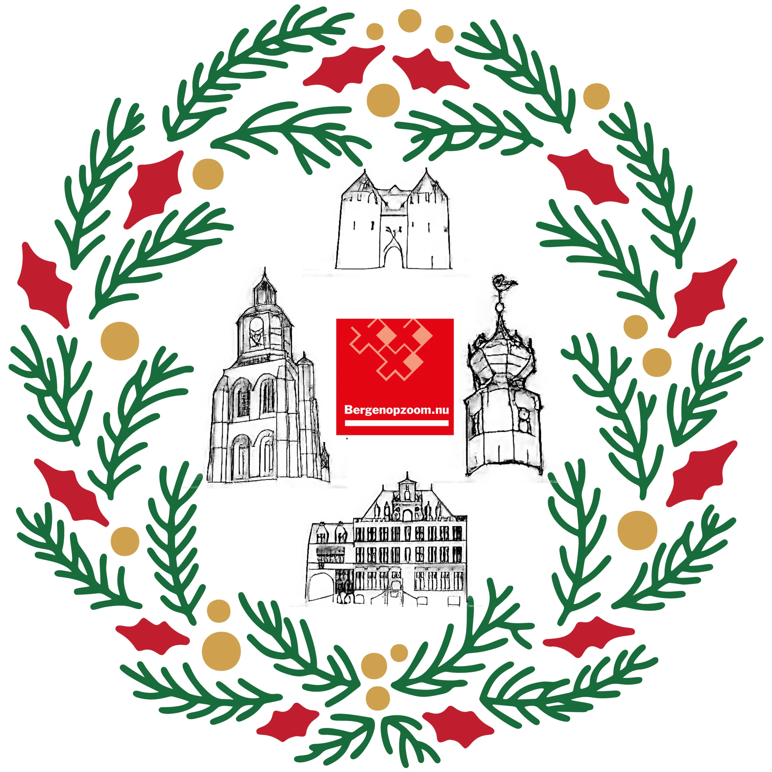 Kerstkrans met gebouwen en logo Bergen op Zoom