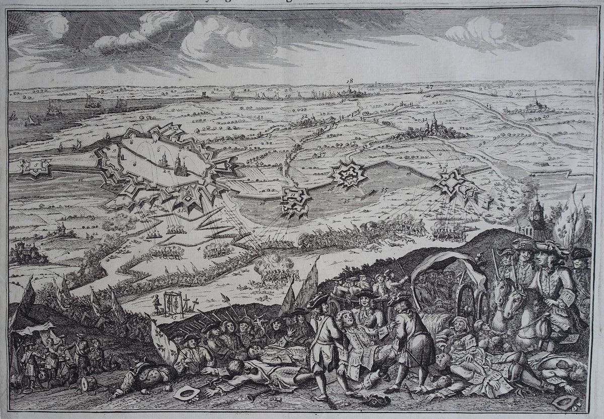 Oude veldslaggravure met soldaten en kampementen bij Bergen op Zoom