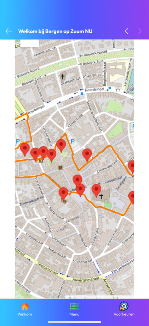 Kaart met gemarkeerde locaties en route - Bergen op Zoom