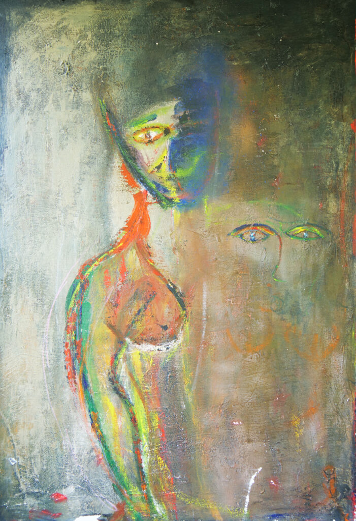 Kleurrijk abstract schilderij met mysterieuze figuur - Bergen op Zoom