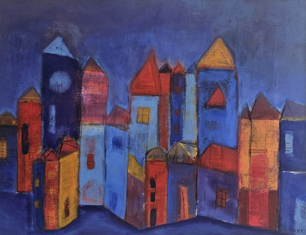 Schilderij van kleurrijke huizen s nachts - Bergen op Zoom