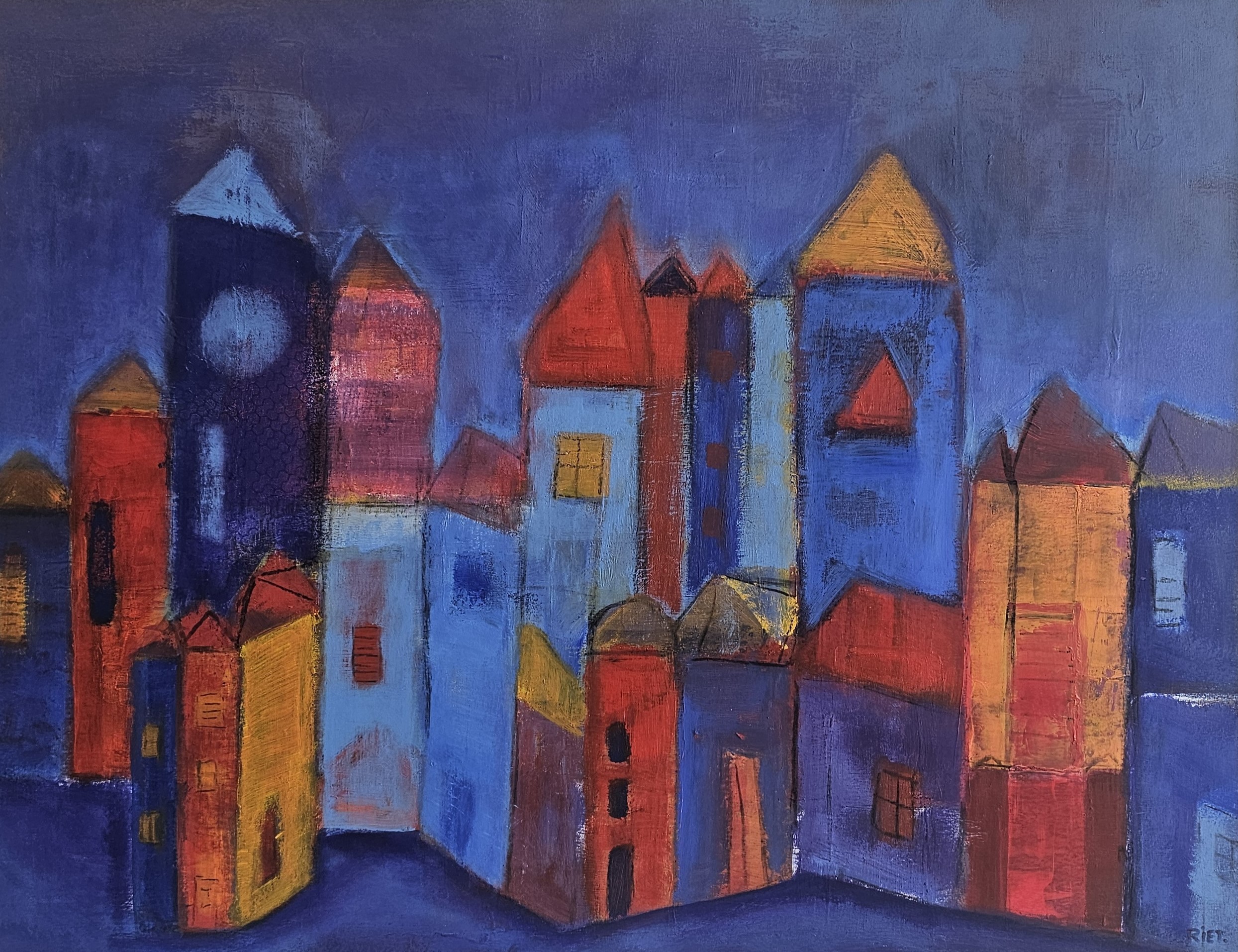 Schilderij van kleurrijke huizen s nachts - Bergen op Zoom