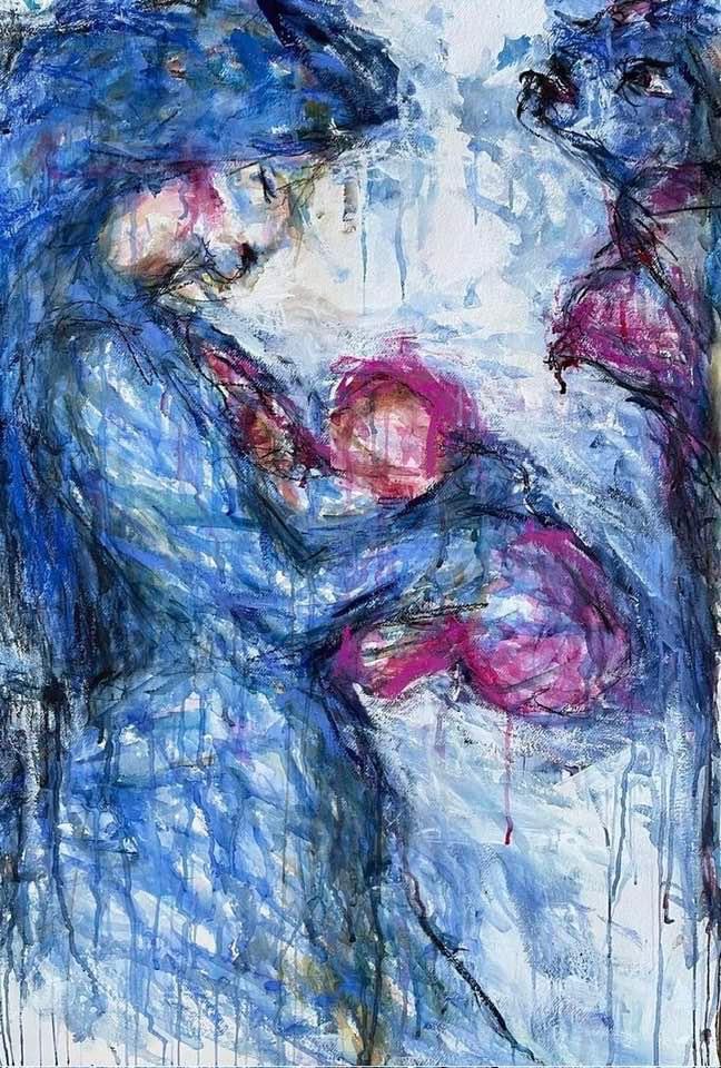 Abstracte blauwe en roze kunstschilderij - Bergen op Zoom